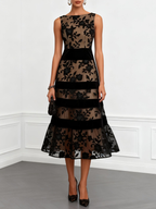 Purplish Blue Lace Jacquard Boat Neck Sleeveless A-Line Midi Dress