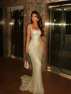 Spaghetti Strap Sleeveless Long Mermaid Prom Dress With Beading YK0285