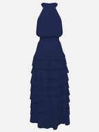Purplish Blue Peplum Tiered Chiffon Halter Sleeveless A-Line Maxi Two-piece Dress