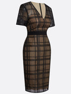 Black Organza Plaid Classic V Neck Short Sleeve Sheath Midi Dress