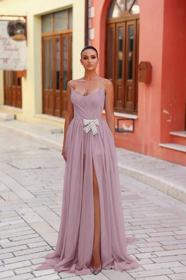 Strapless Sleeveless Long Split Prom Dress With Pleated Beading WQ0269