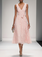 Deep Pink Bow Embroidery Classic V Neck Sleeveless A-Line Midi Dress With Pockets