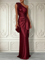 Champagne 3D Floral Ruched Satin One Shoulder Sleeveless Sheath Floor-length Gown Dress