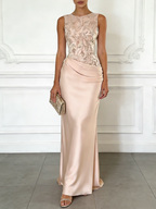 Purple Embroidery Satin Crew Neck Sleeveless Sheath Gown Dress