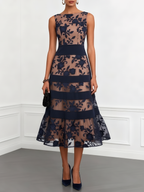 Black Mesh Lace Jacquard Boat Neck Sleeveless A-Line Midi Dress