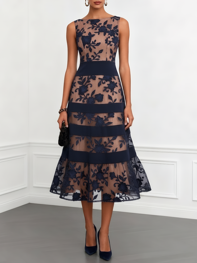 Black Mesh Lace Jacquard Boat Neck Sleeveless A-Line Midi Dress