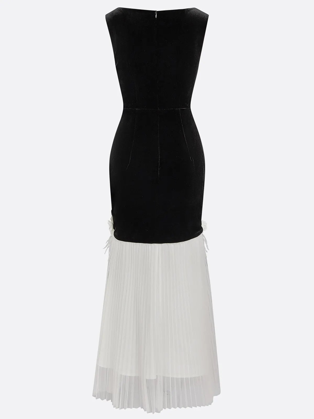 Black Tassel 3D Floral Velvet Boat Neck Sleeveless Mermaid Midi Dress