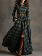 Retro Ethnic Style Lapel Reddish Brown Plaid Maxi Dress