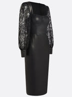 Black Lace Faux Leather Square Neck Long Sleeve Balloon Sleeve Sheath Midi Dress