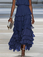 Purplish Blue Peplum Tiered Chiffon Halter Sleeveless A-Line Maxi Two-piece Dress