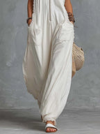 Vintage Casual Western Hooded V-neck Front Zip Lace Trim White Cotton Jumpsuit