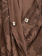 Elegant Brown Lace Front Slit Long Sleeve Maxi Dress