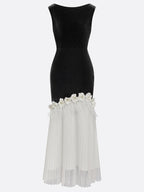 Black Tassel 3D Floral Velvet Boat Neck Sleeveless Mermaid Midi Dress
