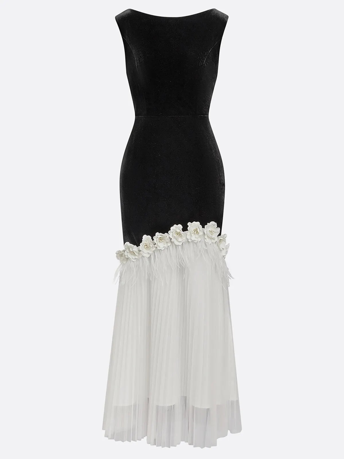 Black Tassel 3D Floral Velvet Boat Neck Sleeveless Mermaid Midi Dress