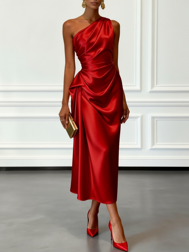 Purplish Blue Ruched Satin One Shoulder Sleeveless A-Line Midi Dress