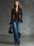 Fashion Retro Cocoa Brown Velvet V-Neck Ruffled Long-Sleeved Shirt