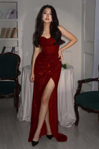 Sequin Strapless Sleeveless Long High Split Prom Dress With Pleated YK0006