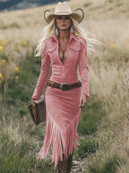 Retro Western Lapel Zipper Long Sleeve Tassel Midi Dress