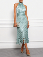 Purplish Blue Satin Halter Neck Ruched Sleeveless Midi A-Line Dresses