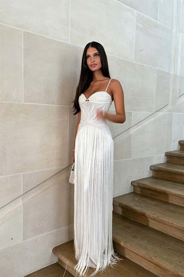 Cocoslly Spaghetti Straps Sleeveless High Waist Long Prom Dress With Tassel And Rhinstone | Champage Chiffon WQ0759