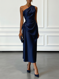Purplish Blue Ruched Satin One Shoulder Sleeveless A-Line Midi Dress