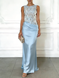 Blue Embroidery Satin Crew Neck Sleeveless Sheath Gown Dress