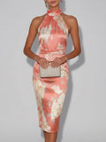 Pink Floral Satin Halter Neck Sleeveless Sheath Midi Dress