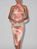 Brown Floral Satin Halter Sleeveless Sheath Midi Dress