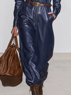 Casual Retro Dark Blue Faux Leather Long-Sleeved Lace-Up Wide-Leg Jumpsuit
