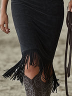 Western-style Retro Floral Embroidered Tassel Black Faux Suede Sleeveless Midi Dress