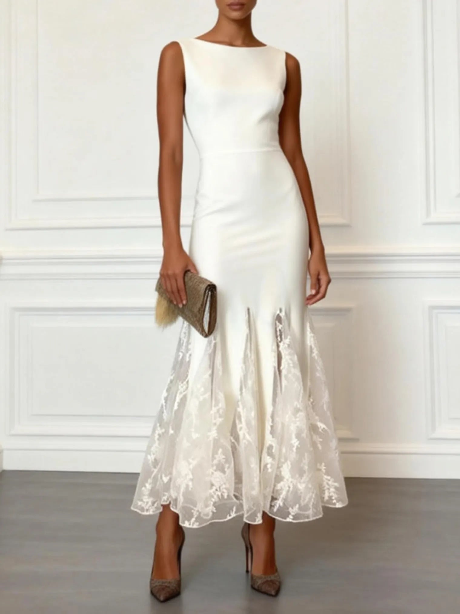 White Lace Boat Neck Sleeveless Mermaid Maxi Dress