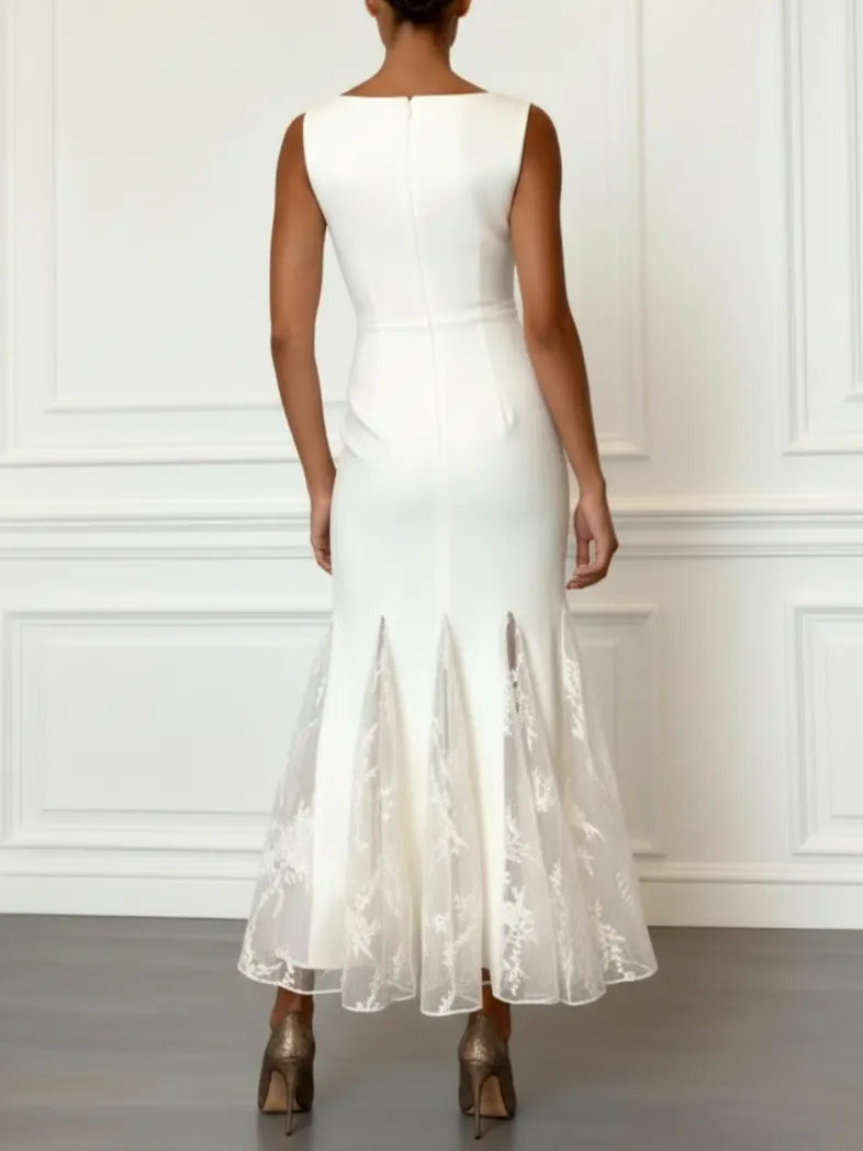 White Lace Boat Neck Sleeveless Mermaid Maxi Dress