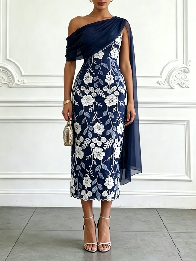 Light Blue Embroidery Classic Strapless Sleeveless Sheath Midi Dress