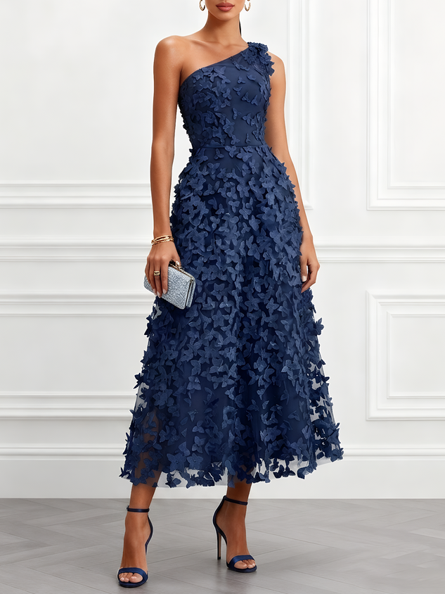 Purplish Blue 3D Floral Embroidery Classic One Shoulder Sleeveless A-Line Midi Dress