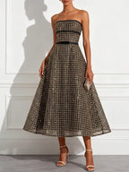 Black Glitter Beaded Sequin Strapless Sleeveless A-Line Midi Dress