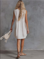 Elegant Vintage Western Lace V-neck Front-button White Cotton Mini Dress