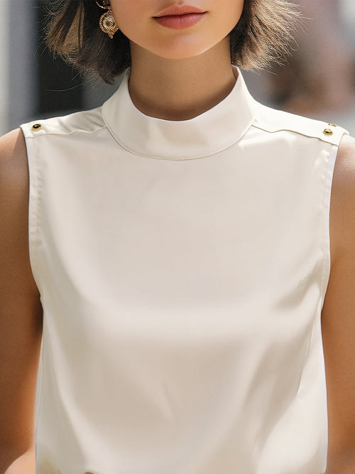 Elegant Ivory High-Neck Sleeveless Satin Blouse
