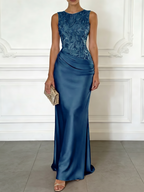 Purple Embroidery Satin Crew Neck Sleeveless Sheath Gown Dress