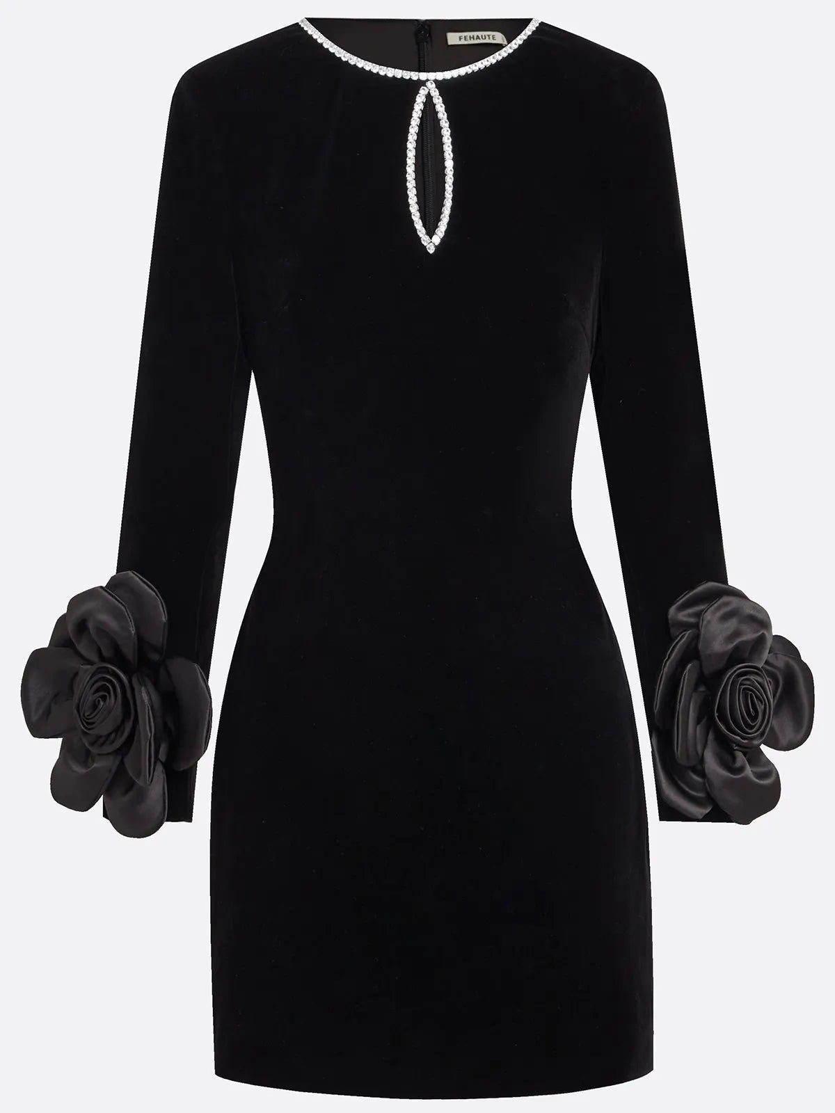 Black 3D Floral Rhinestone Velvet Crew Neck Long Sleeve Sheath Mini Dress