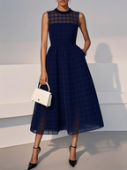 Navy Blue Organza Mesh Plaid Classic Crew Neck Sleeveless A-Line Midi Dress