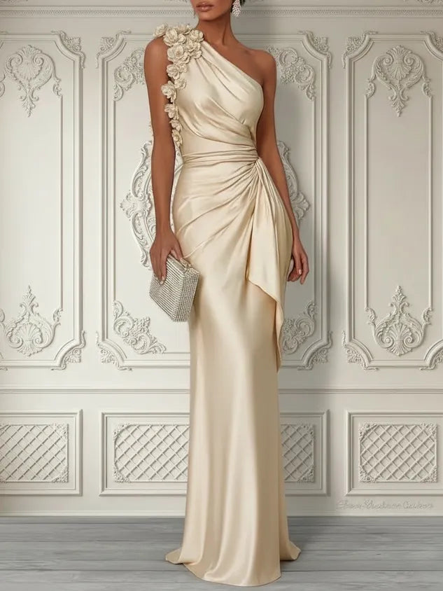 Purplish Blue 3D Floral Ruched Satin One Shoulder Sleeveless Sheath Floor-length Gown Dress