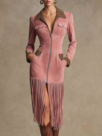 Western Retro Leopard Print Pink Faux Suede Zipper Tassel Midi Dress