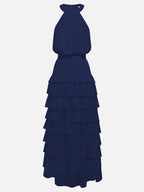Purplish Blue Peplum Tiered Chiffon Halter Sleeveless A-Line Maxi Two-piece Dress