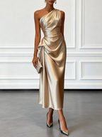 Champagne Ruched Satin One Shoulder Sleeveless Sheath Midi Dress