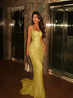 Spaghetti Strap Sleeveless Long Mermaid Prom Dress With Beading YK0285