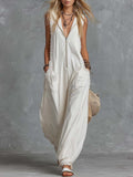 Vintage Casual Western Hooded V-neck Front Zip Lace Trim White Cotton Jumpsuit
