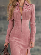 Lapel Collar Zip-up Side-slit Embroidered Faux Suede Long-sleeved Midi Dress