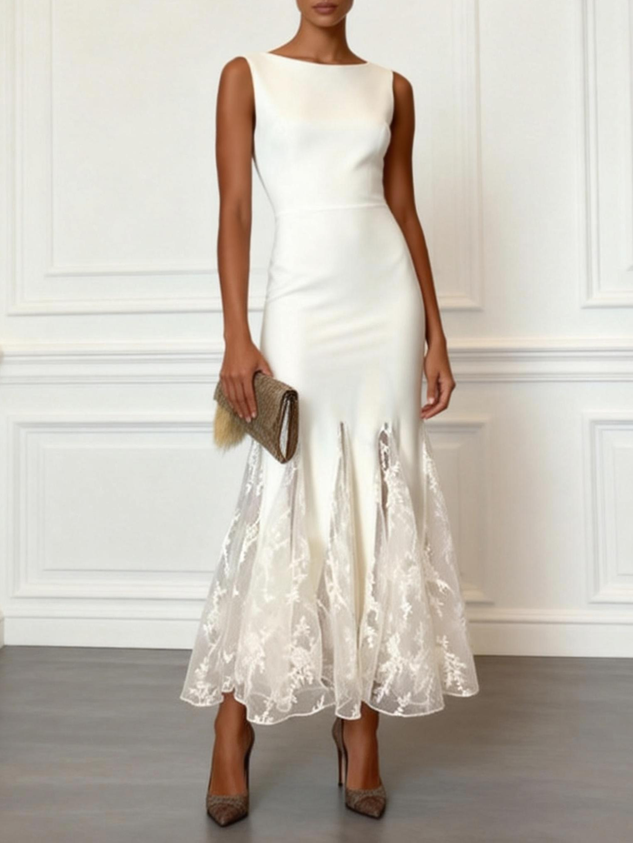White Lace Boat Neck Sleeveless Mermaid Maxi Dress