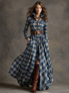 Retro Ethnic Style Lapel Reddish Brown Plaid Maxi Dress